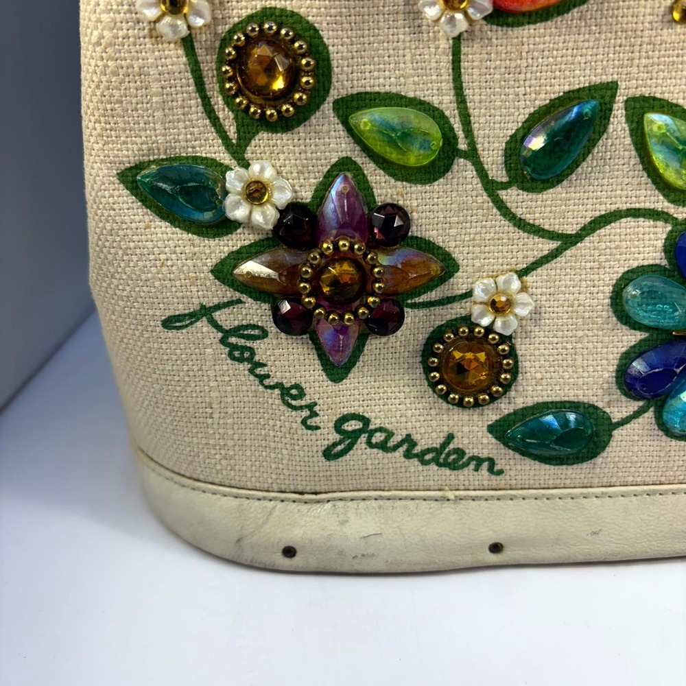 Vintage Enid Collins Flower Garden Jeweled Canvas Leather Handbag Horse Logo - Picture 9 of 15